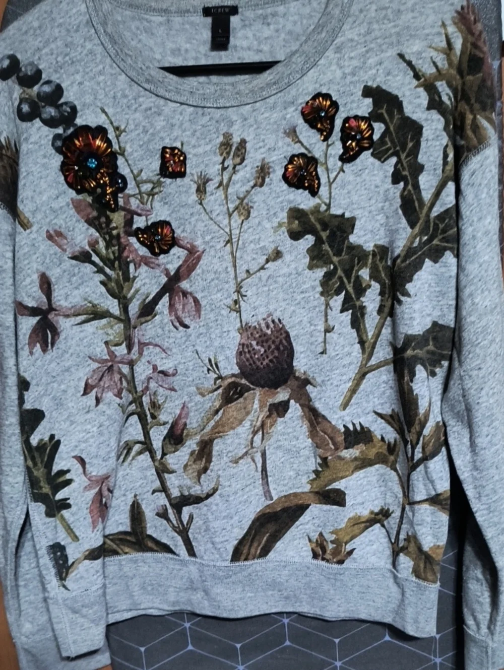 J. Crew Heather Gray Floral Sequin Crewneck Sweater